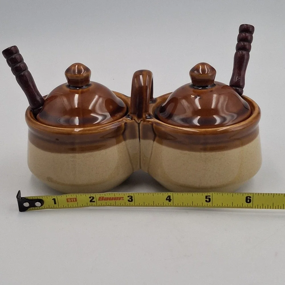 Vintage Stoneware Double Condiment Server Brown Tan Glaze Lidded Caddy w/ Spoons